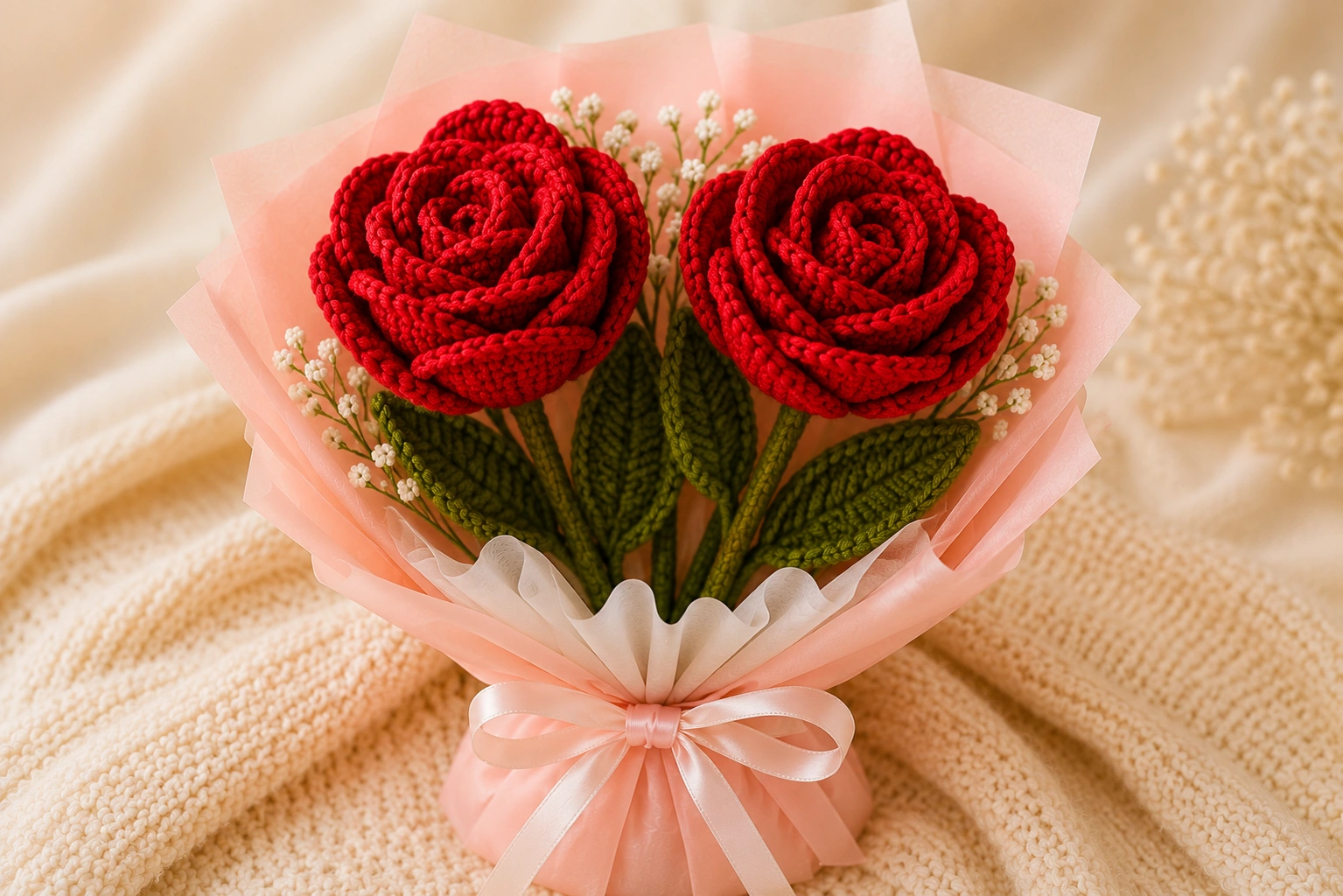 Double Handcrafted Roses Crochet Flowers