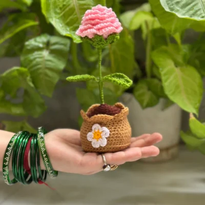 Handcrafted Baby Pink Rose Crochet Flower Pot