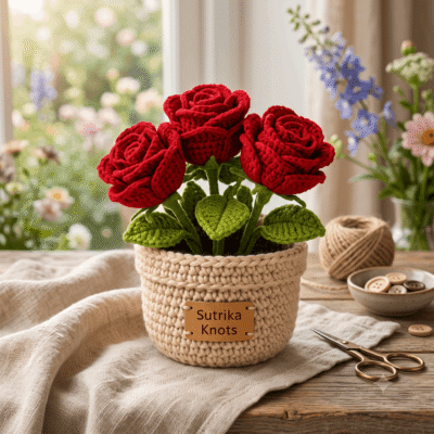 Handcrafted Rose Crochet Flower Pot