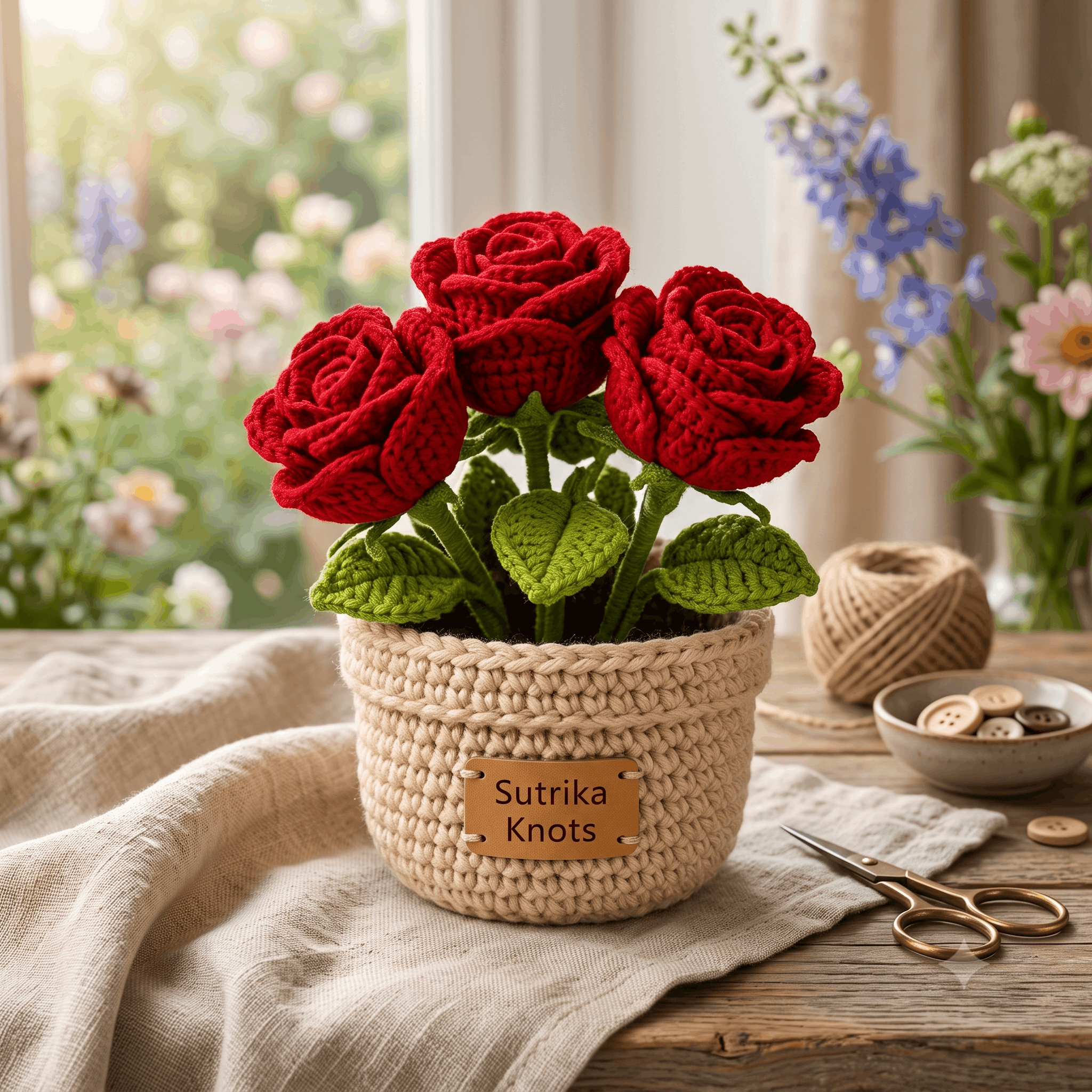 Handcrafted Rose Crochet Flower Pot