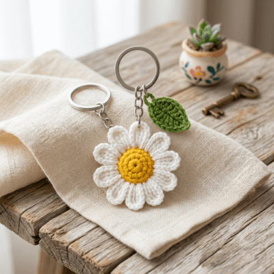 Handmade Crochet Daisy Keychain