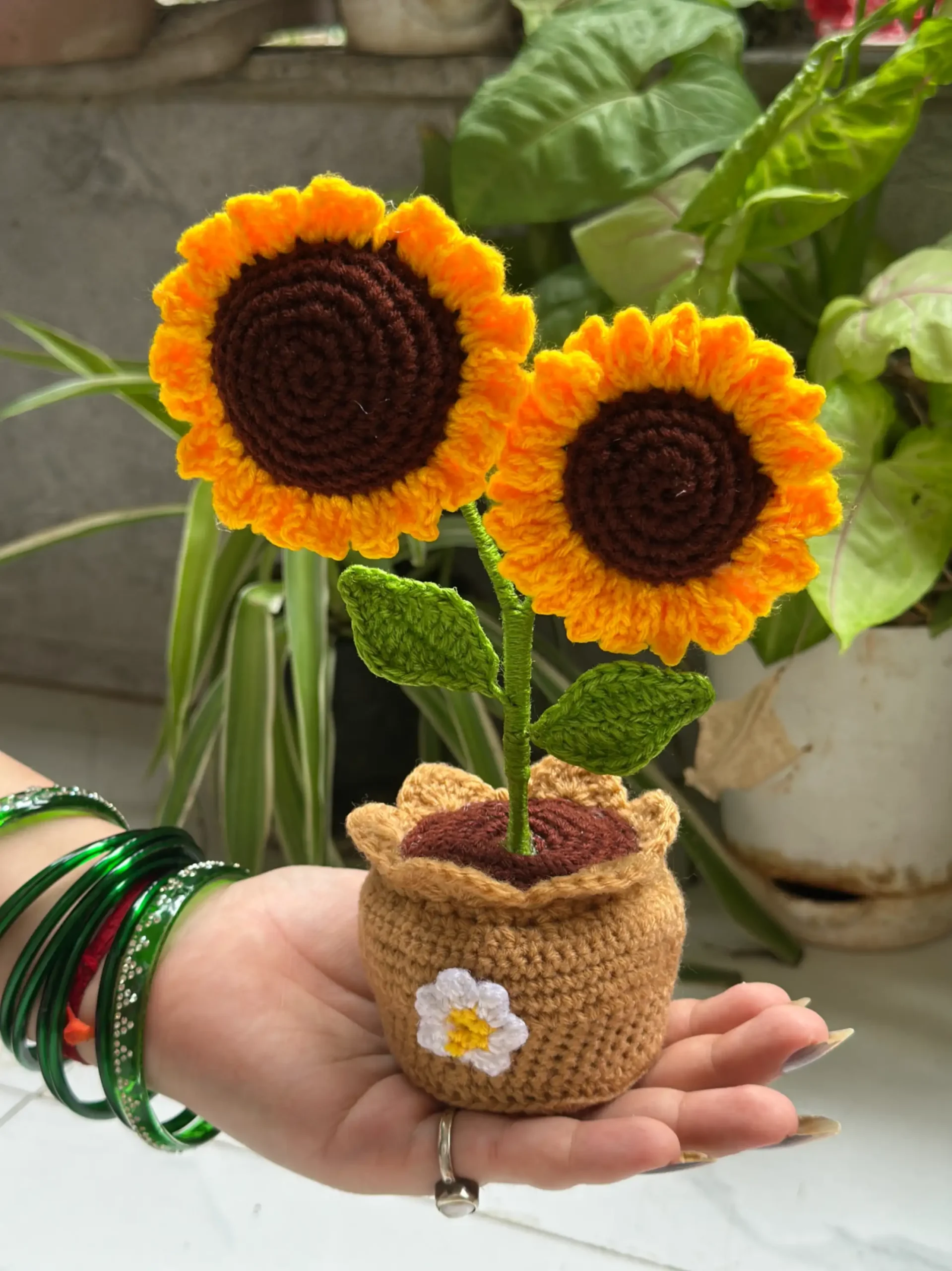 Handmade crochet double sunflower plant in decorative pot