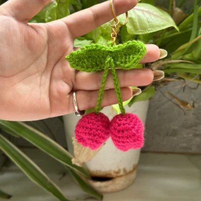 Handmade pink crochet tulip keychain